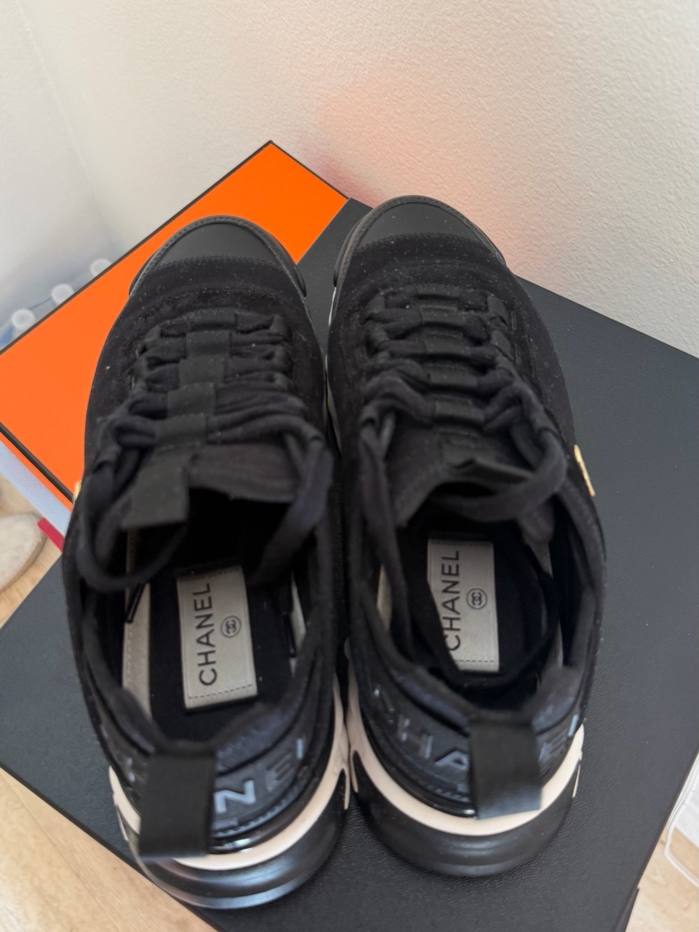 CHANEL Black and White Quilted-Sole Sneakers with Gold CC - Picture 7 of 8